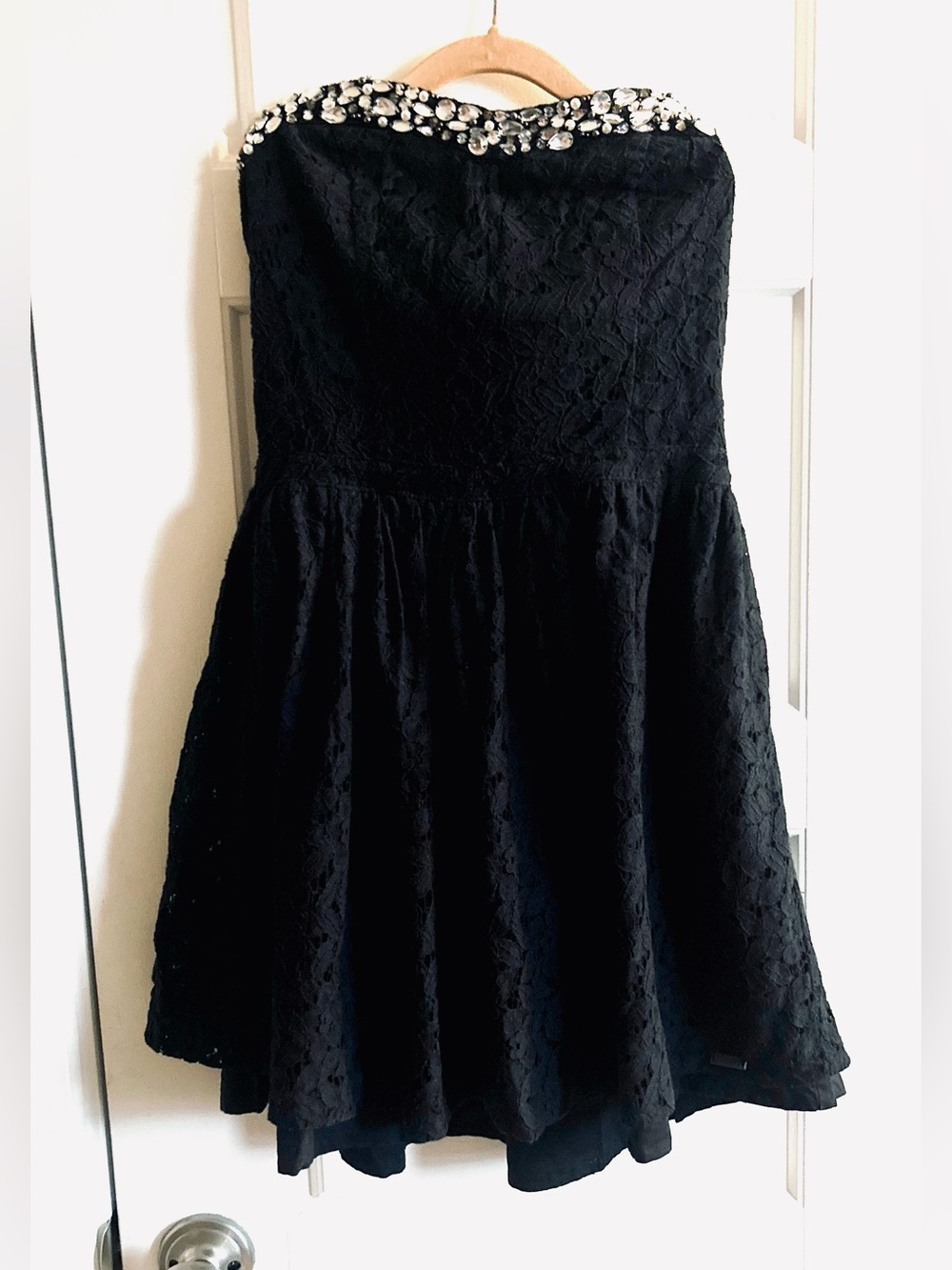 Superdry Black Lace Strapless Dress Crystal Embellished Neckline Size S Mini